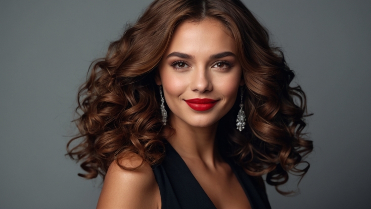 Stylish woman with curly brown hair, red lipstick, and black dress posing confidently against gray background in professional portrait.
