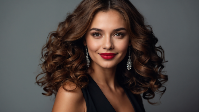 Stylish woman with curly brown hair, red lipstick, and black dress posing confidently against gray background in professional portrait.