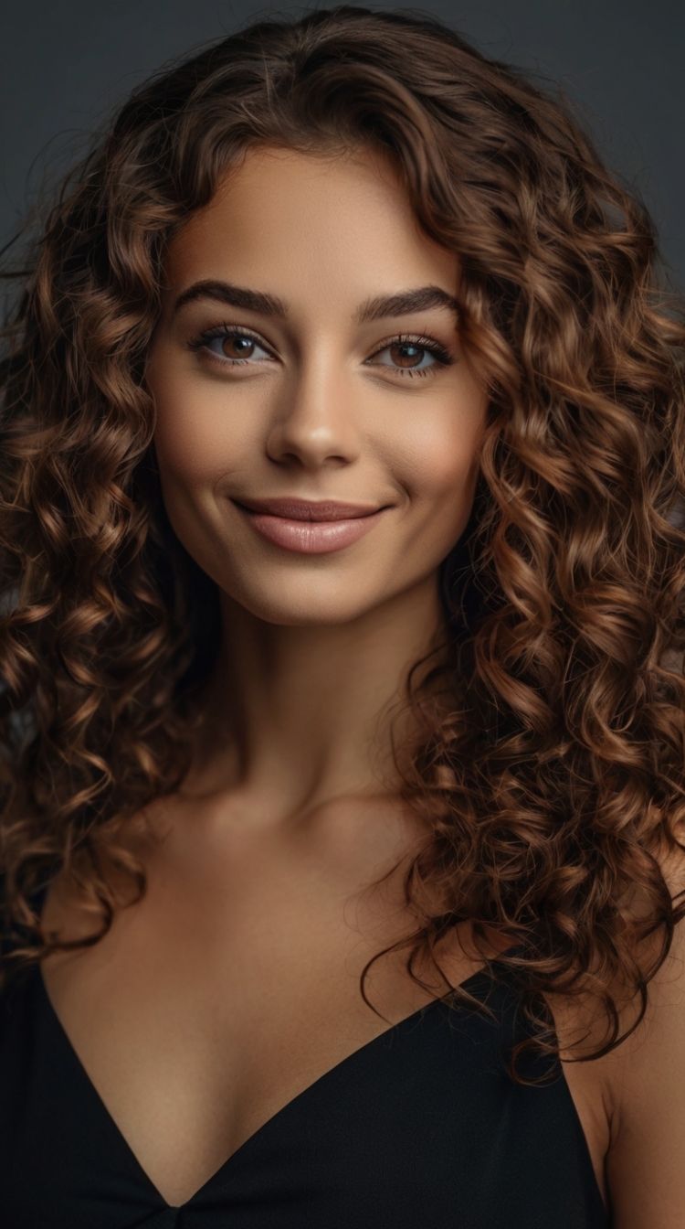 Smiling young woman with long curly hair, black dress, and subtle makeup posing against dark gray background.