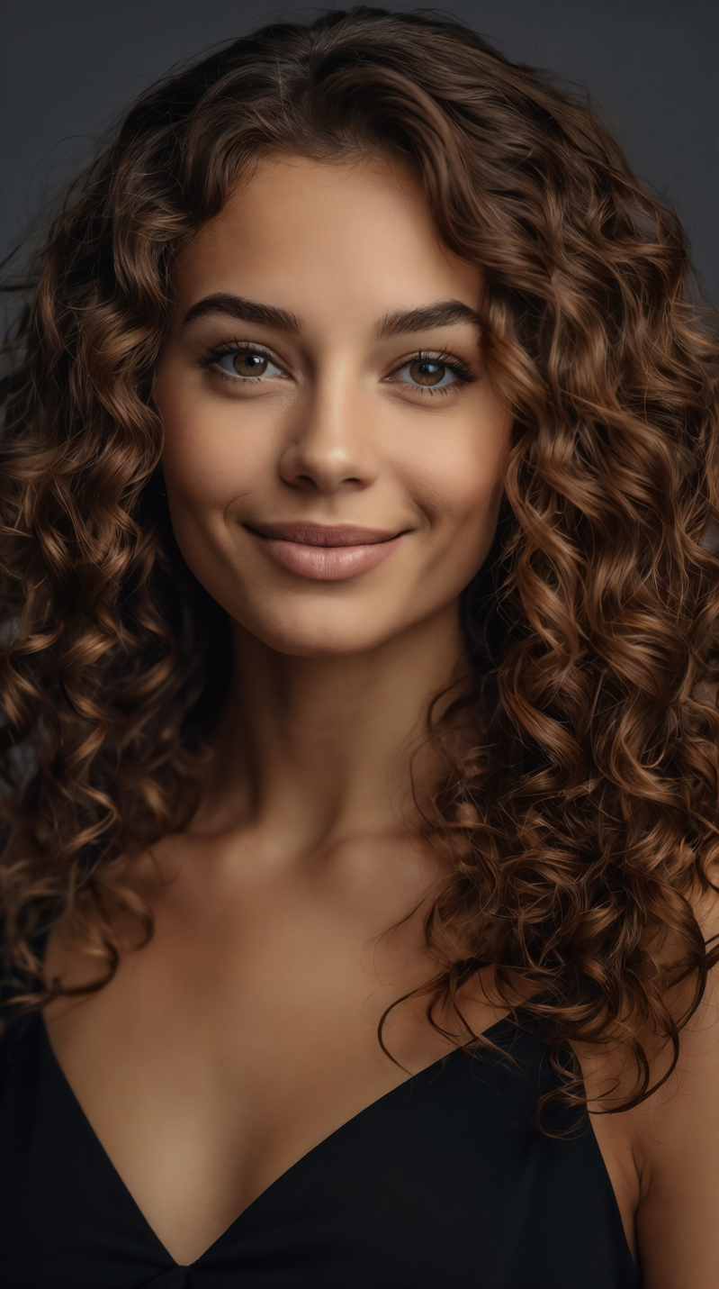 Smiling young woman with long curly hair, black dress, and subtle makeup posing against dark gray background.