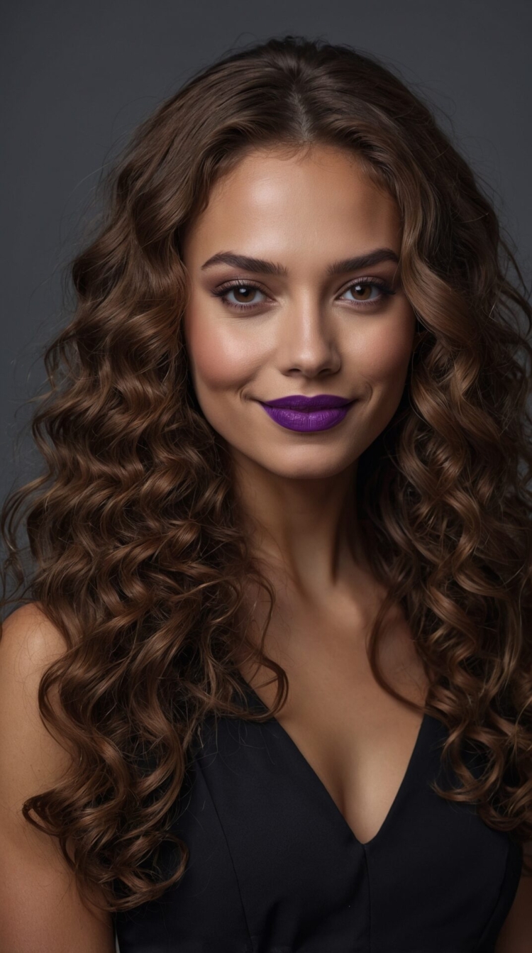 Smiling woman with long curly brown hair, purple lipstick, and black dress posing in close-up portrait against gray background.