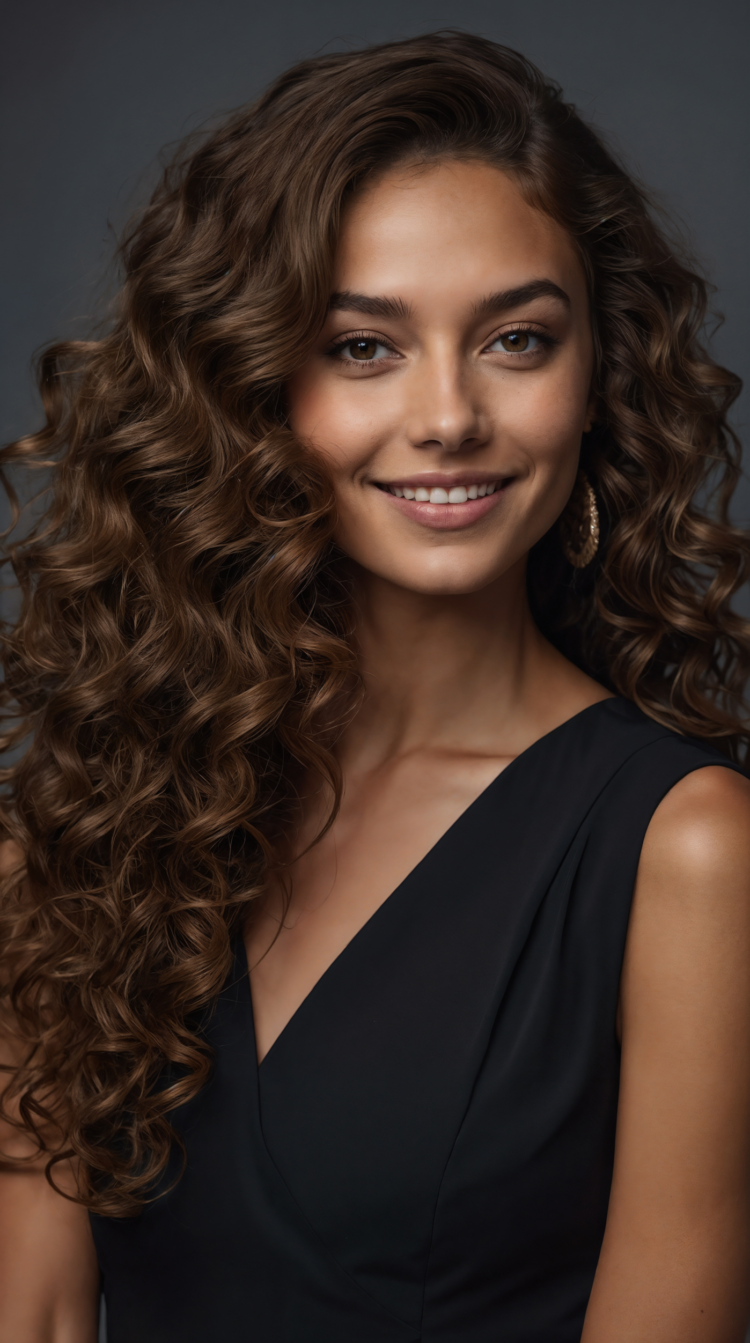 Smiling woman with long curly hair, brown eyes, and black dress posing against dark gray background in elegant portrait.