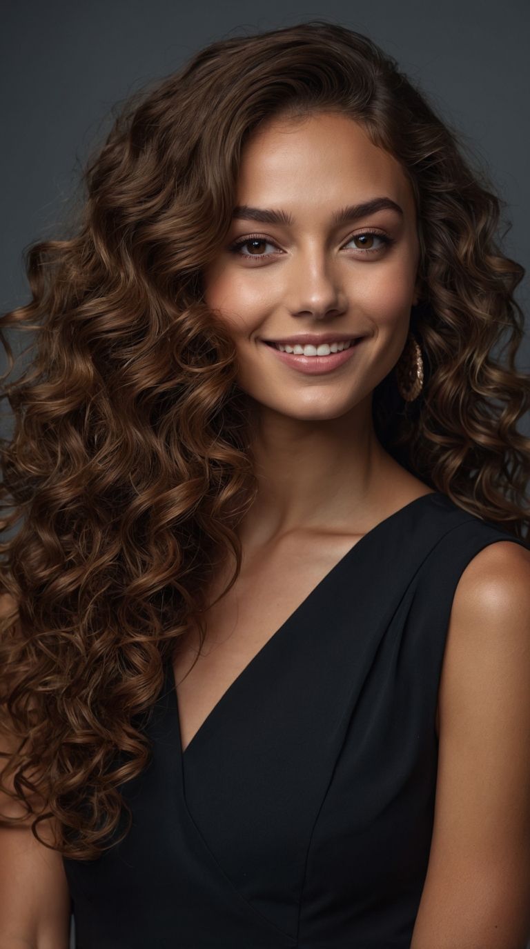 Smiling woman with long curly hair, brown eyes, and black dress posing against dark gray background in elegant portrait.