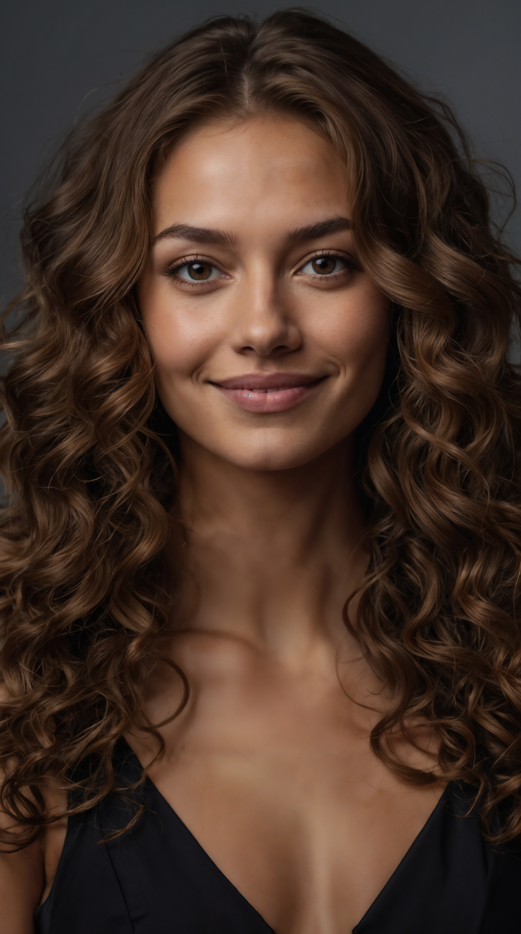 Smiling woman with long curly hair wearing black dress in studio portrait against gray background.