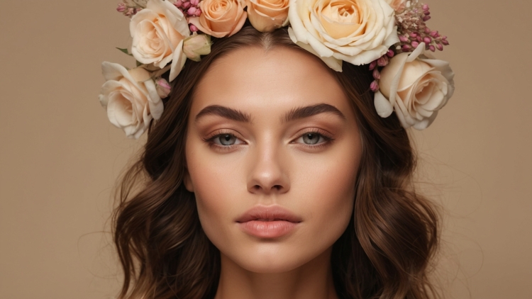 Attractive woman with wavy brown hair, floral crown, and glamorous makeup posing against neutral beige background in elegant portrait.