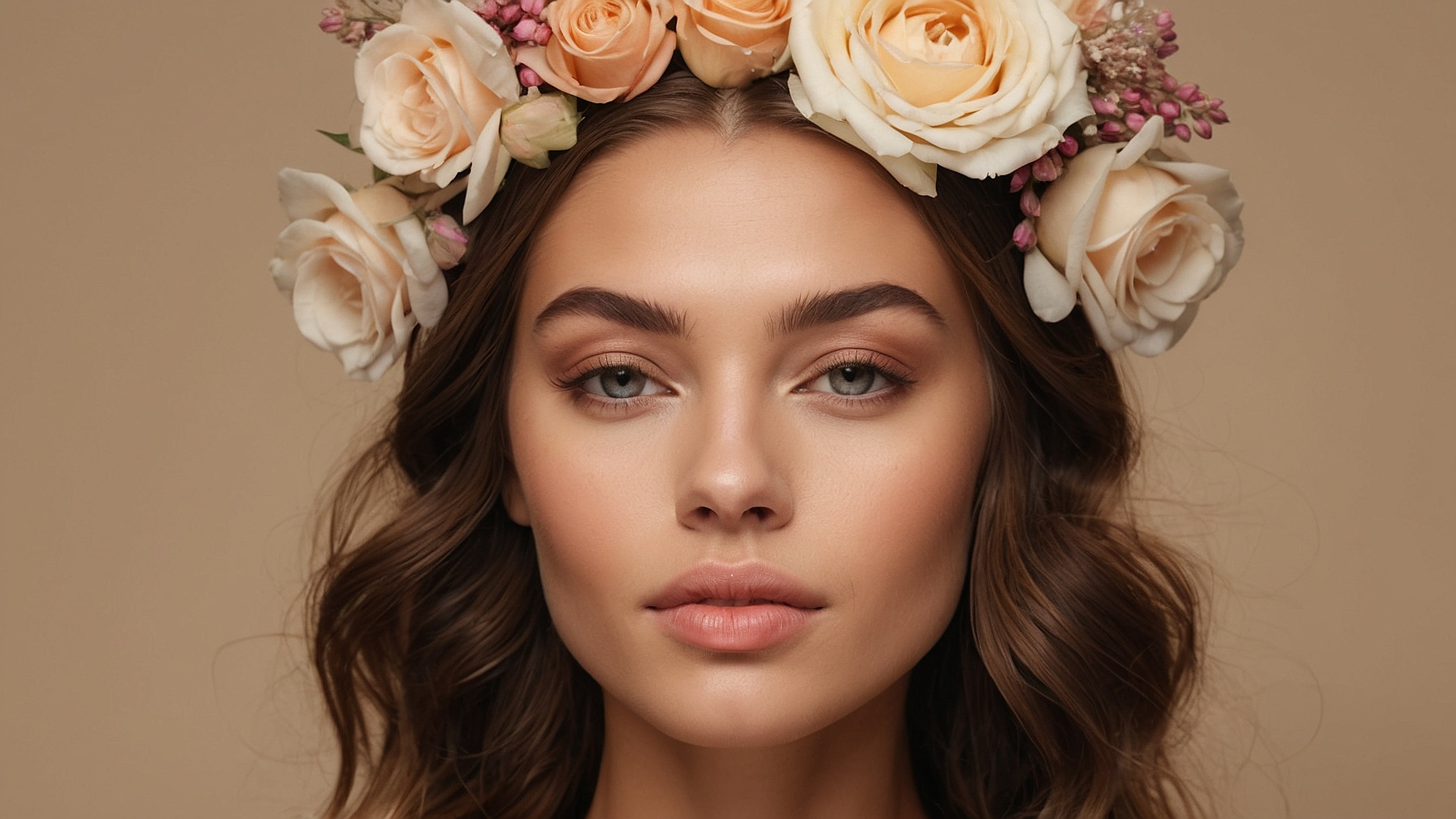 Attractive woman with wavy brown hair, floral crown, and glamorous makeup posing against neutral beige background in elegant portrait.