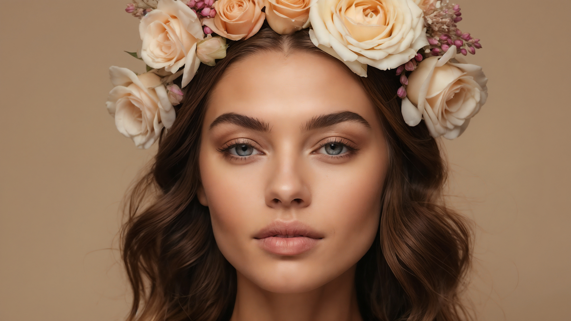 Attractive woman with wavy brown hair, floral crown, and glamorous makeup posing against neutral beige background in elegant portrait.