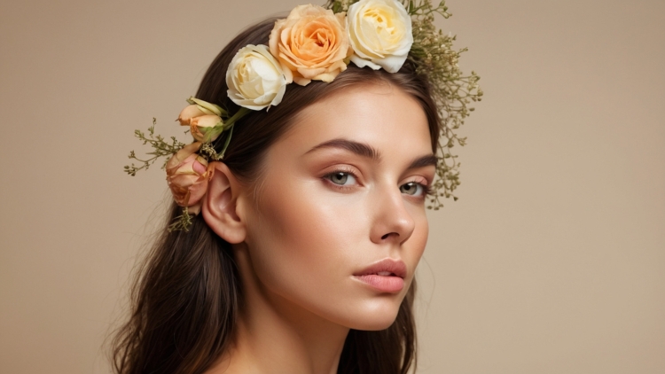 Beautiful woman with flowers in her hair, natural makeup, and radiant skin posing against beige background in elegant studio portrait.
