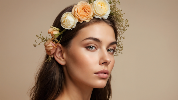 Beautiful woman with flowers in her hair, natural makeup, and radiant skin posing against beige background in elegant studio portrait.