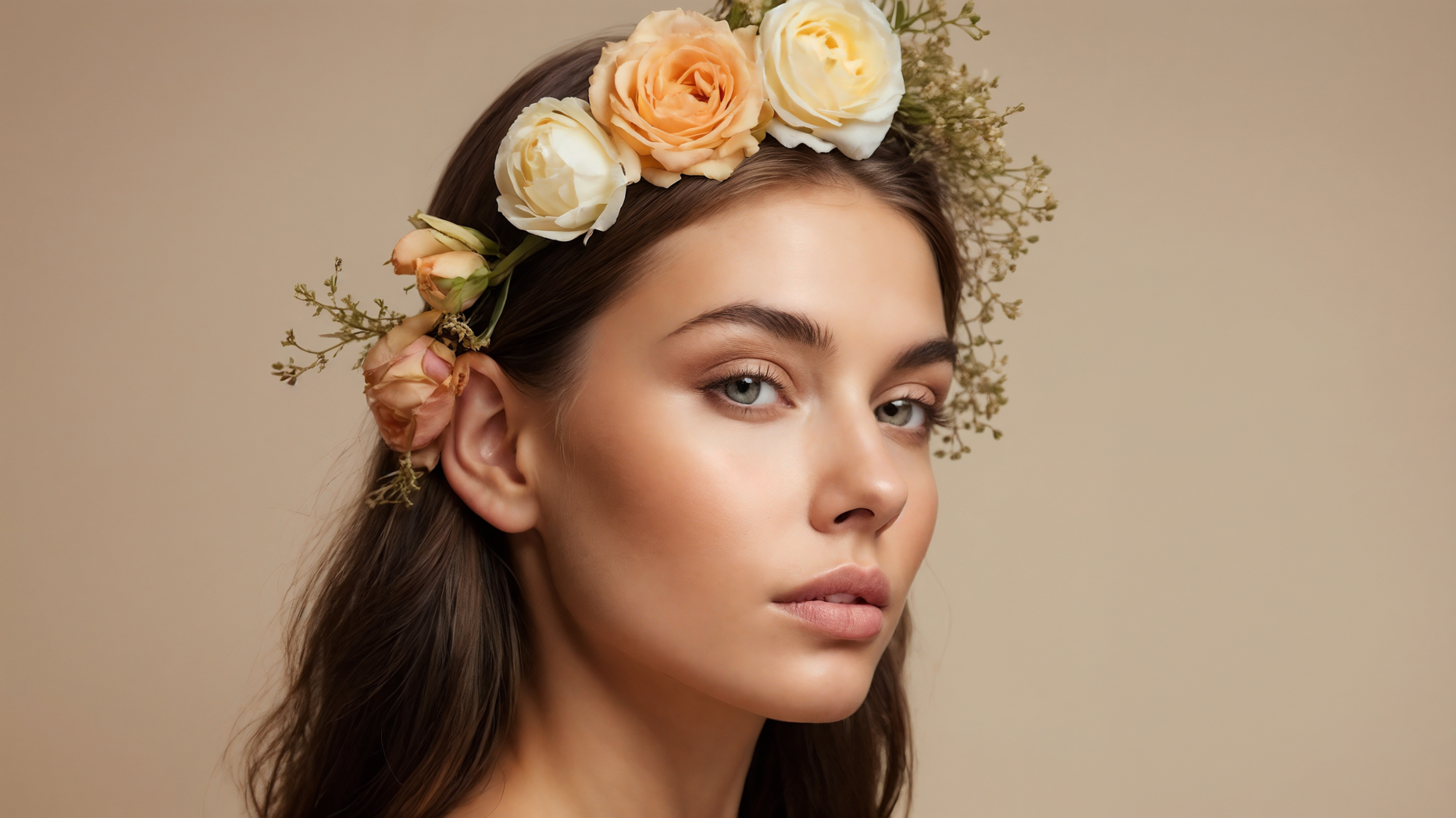 Beautiful woman with flowers in her hair, natural makeup, and radiant skin posing against beige background in elegant studio portrait.