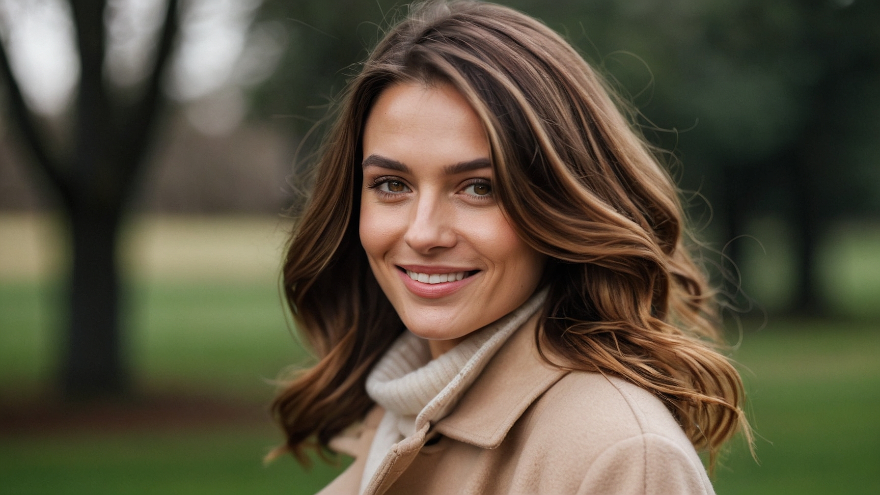 Smiling woman with brown hair in beige coat and white sweater posing outdoors with park background.