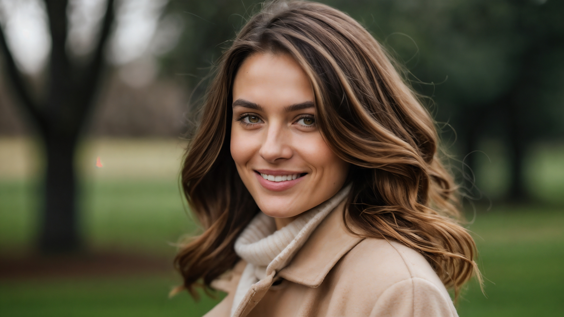 Smiling woman with brown hair in beige coat and white sweater posing outdoors with park background.