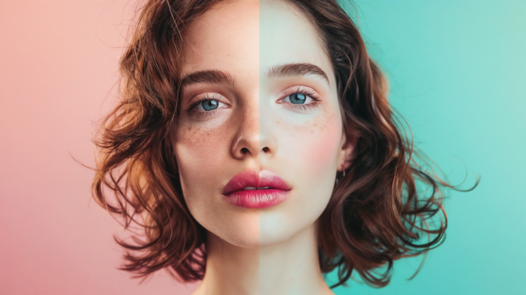 Split-screen portrait of woman with brown hair, pink lipstick on one side, natural skin on the other, pastel background.