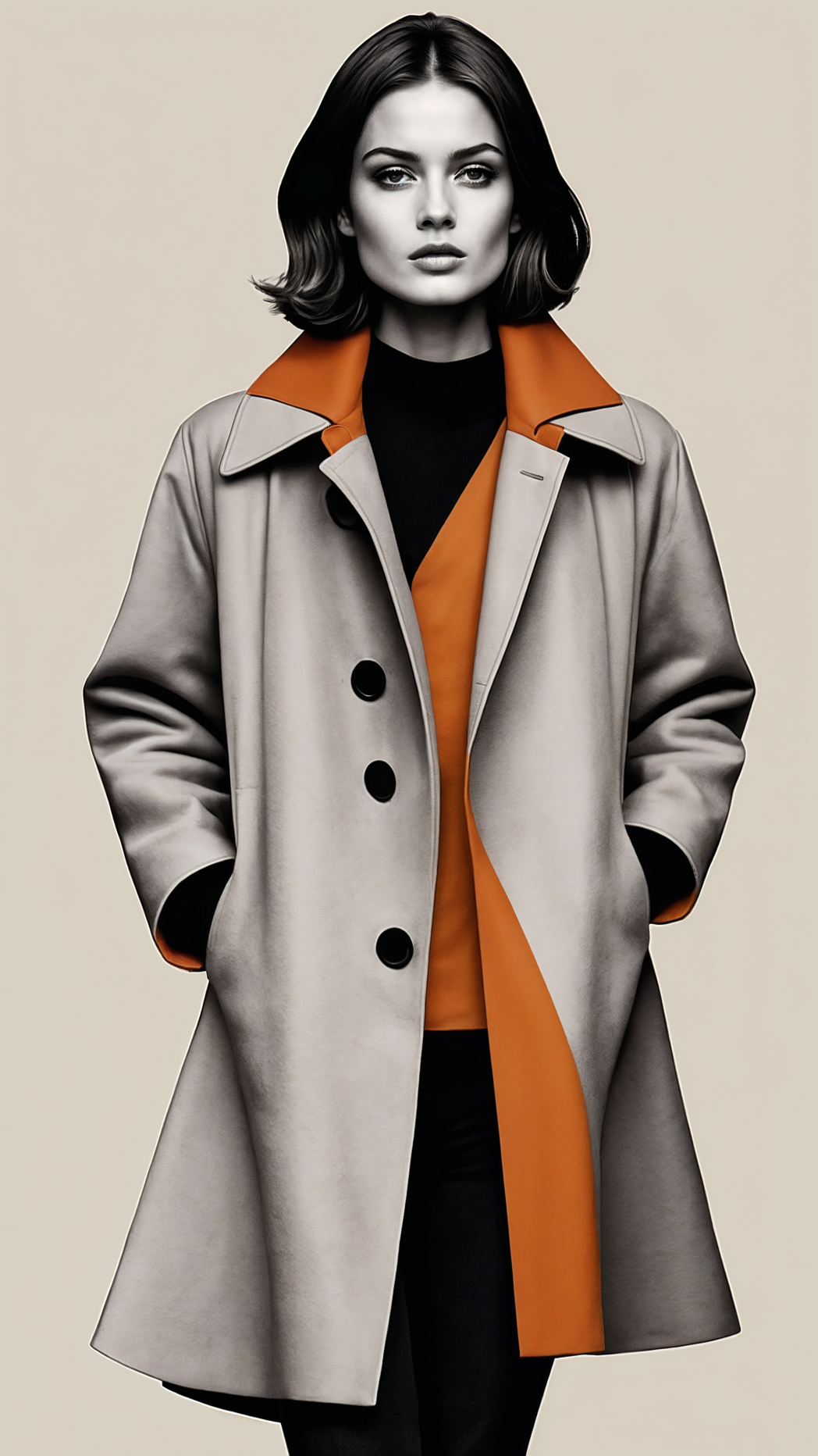 Modern fashion illustration of elegant woman in gray coat with orange accents on clean background, minimalistic and high resolution.