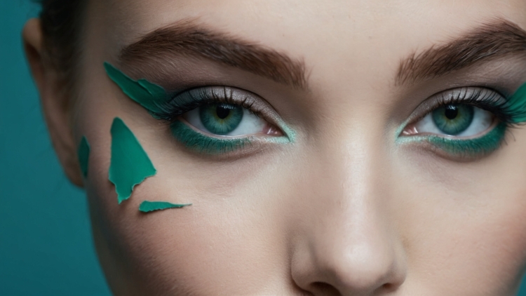 Close-up of woman with green eye makeup, winged eyeliner, dark brows, geometric cheek decoration, on a blue background.