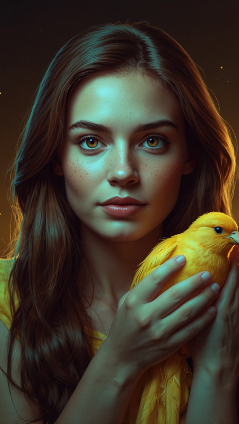 Portrait of woman with long brown hair holding yellow bird, glowing yellow backlight, against a dark background.