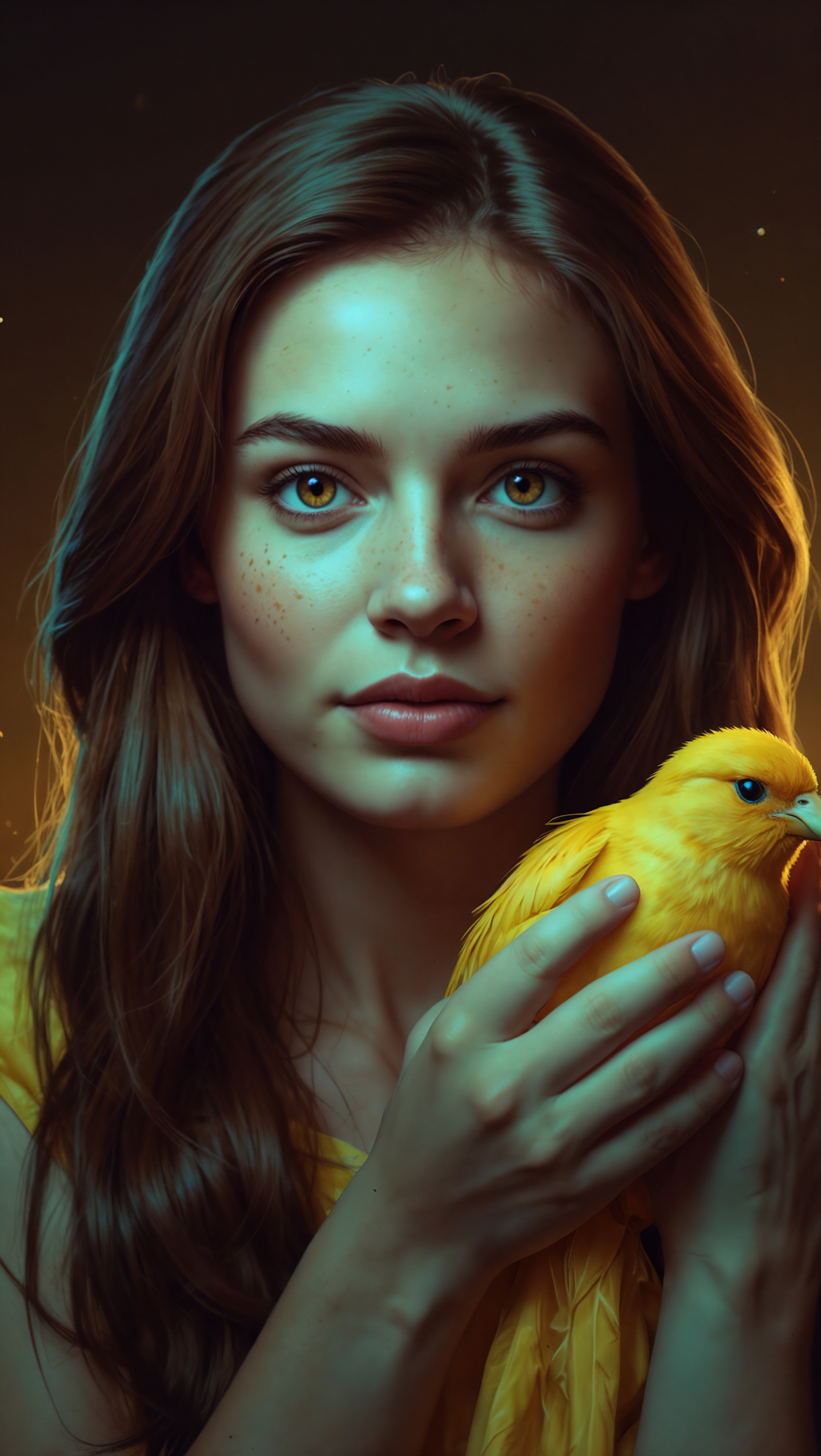 Portrait of woman with long brown hair holding yellow bird, glowing yellow backlight, against a dark background.
