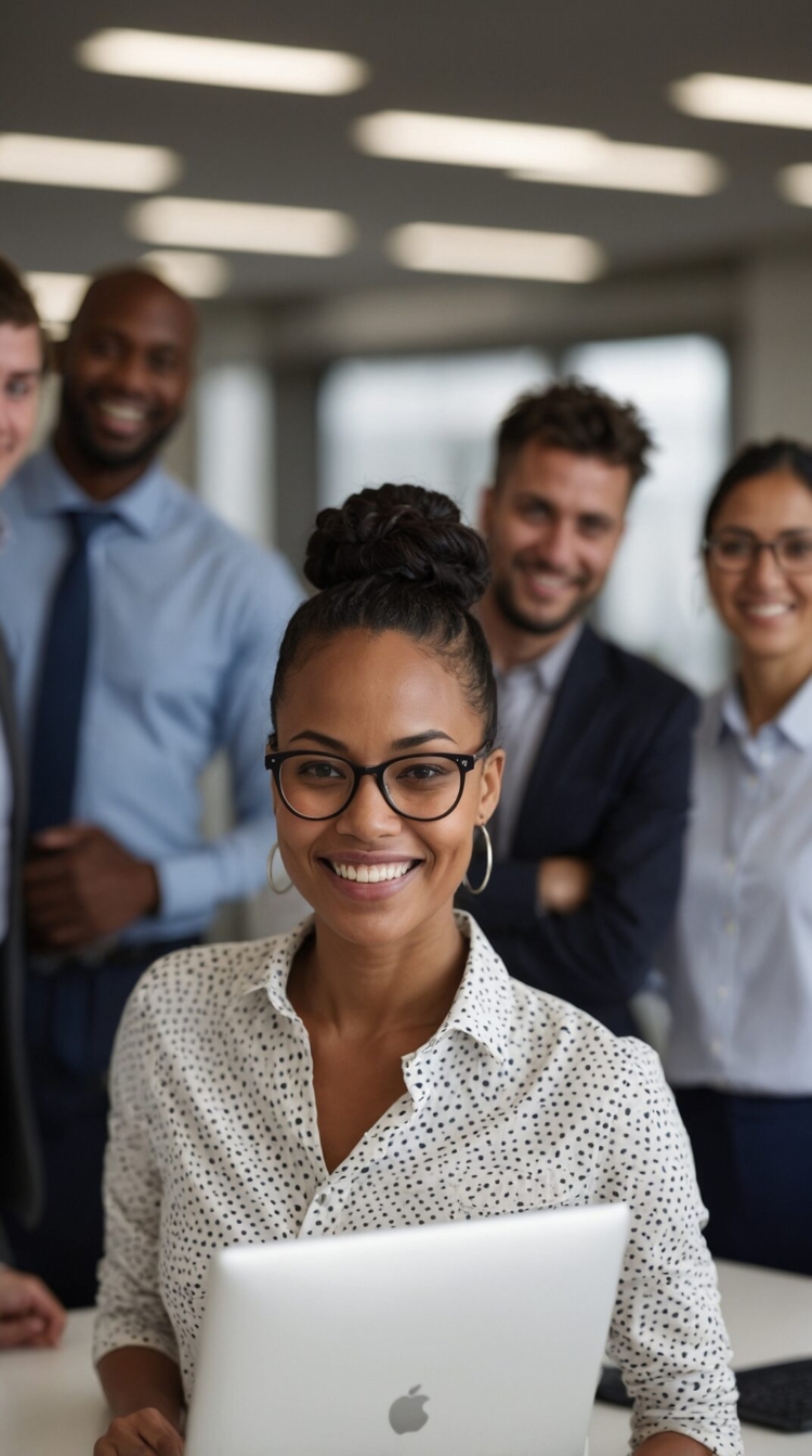 Smiling African American woman with glasses stands with laptop in office, business team working happily together in background.