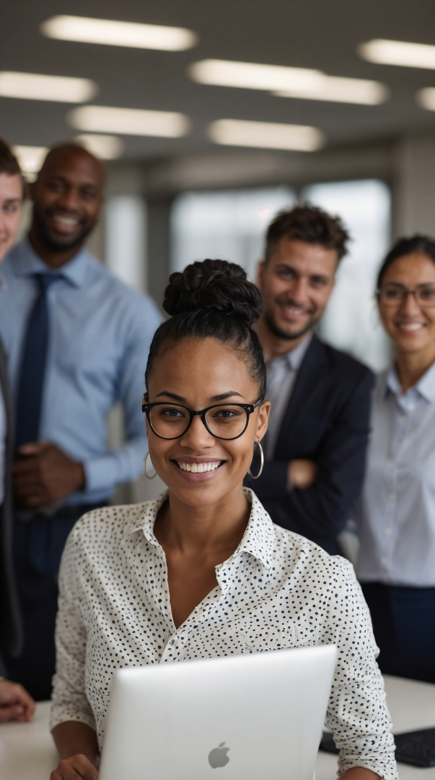 Smiling African American woman with glasses stands with laptop in office, business team working happily together in background.