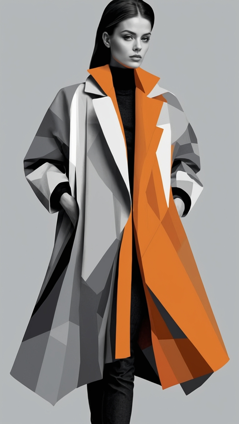 Fashion model in geometric coat with orange, grey, black, and white colors posing confidently against abstract background.