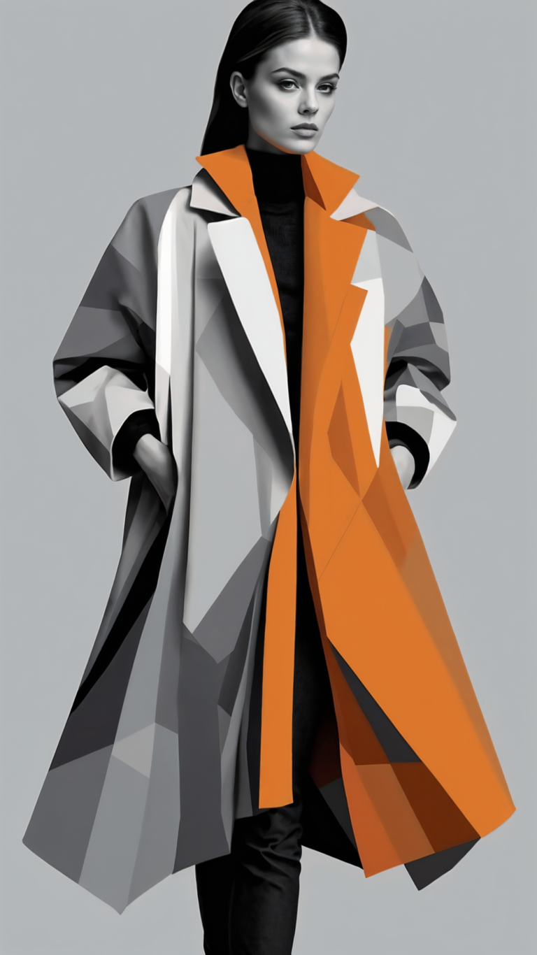 Fashion model in geometric coat with orange, grey, black, and white colors posing confidently against abstract background.