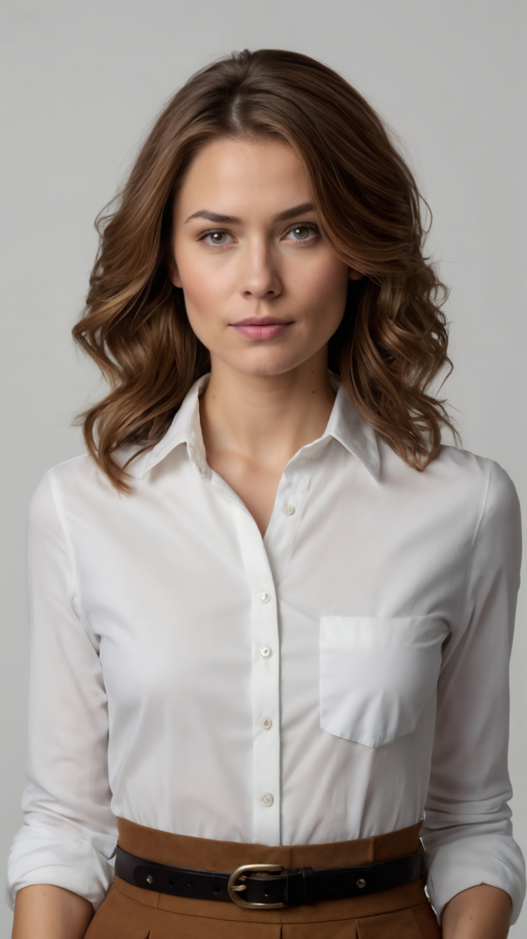 Beautiful woman with shoulder-length brown hair and blonde highlights wearing white shirt and skirt in professional portrait.