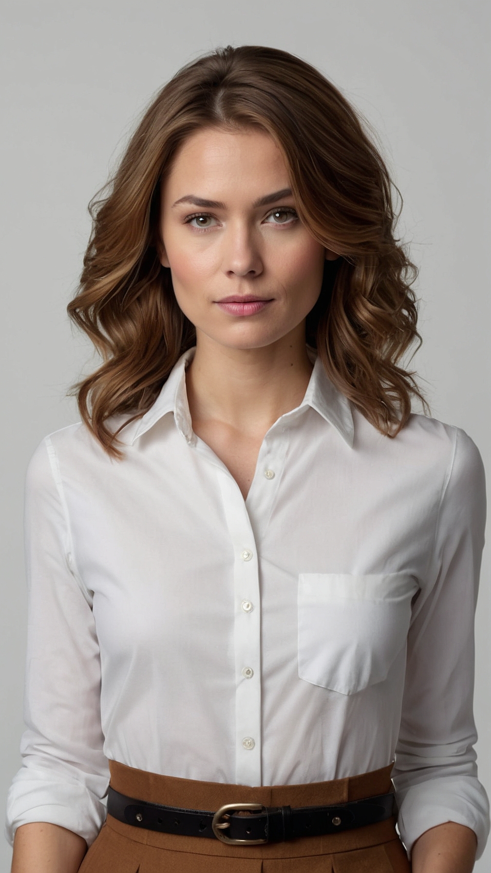 Beautiful woman with shoulder-length brown hair and blonde highlights wearing white shirt and skirt in professional portrait.