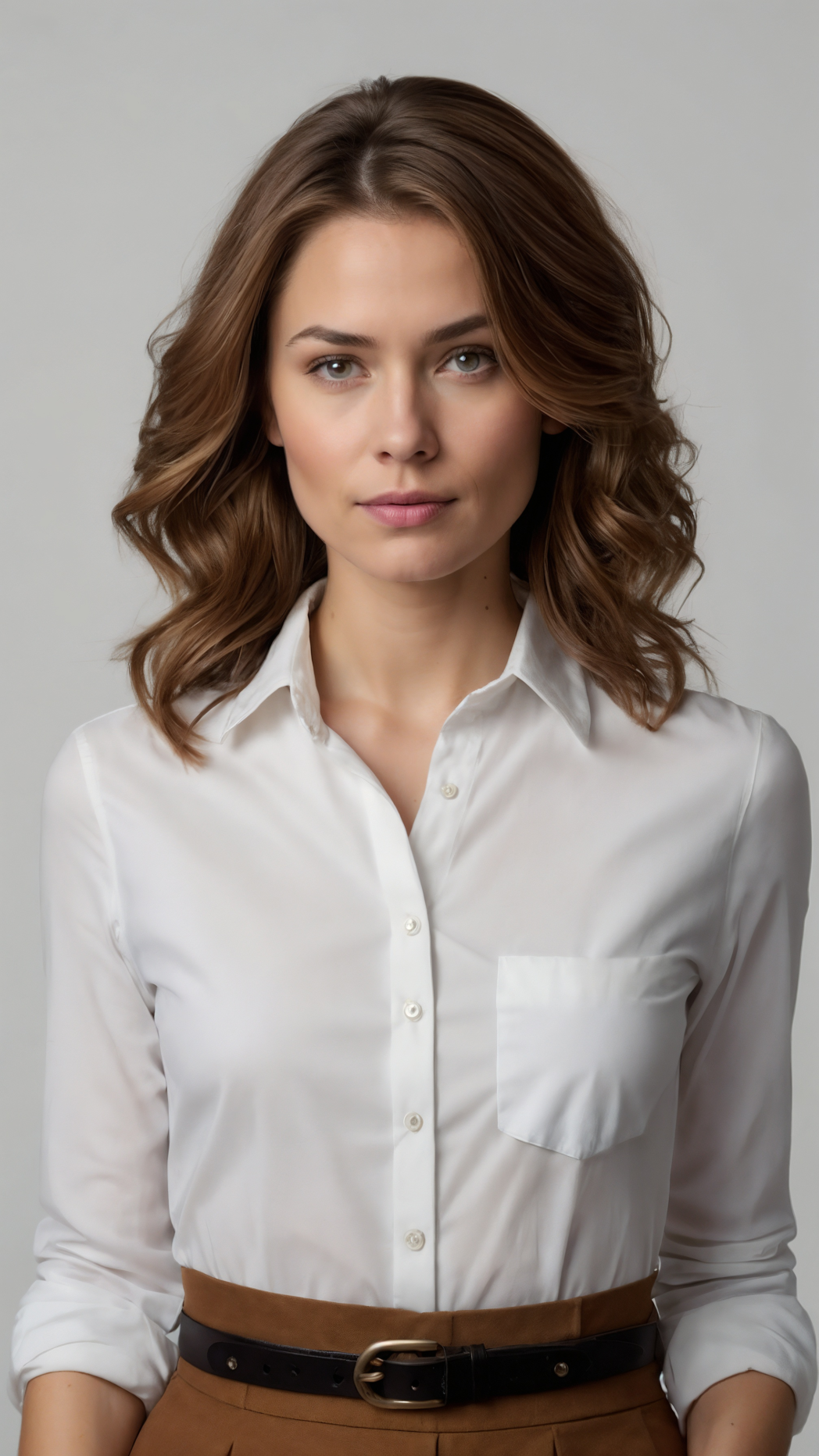 Beautiful woman with shoulder-length brown hair and blonde highlights wearing white shirt and skirt in professional portrait.