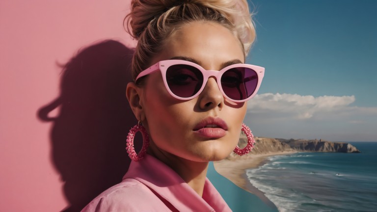 Blonde woman in Frames in Pink photoshoot wearing large sunglasses, vibrant makeup, and jewelry against pastel seaside wall.