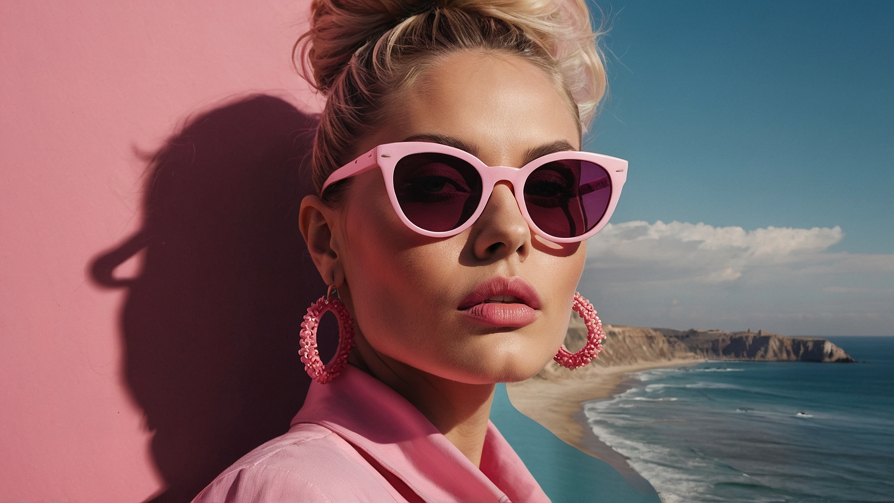 Blonde woman in Frames in Pink photoshoot wearing large sunglasses, vibrant makeup, and jewelry against pastel seaside wall.