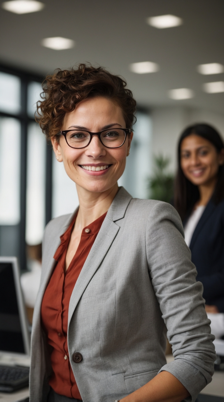 Two smiling businesswomen, one with glasses and one with curly hair in blazer, standing side by side in office.