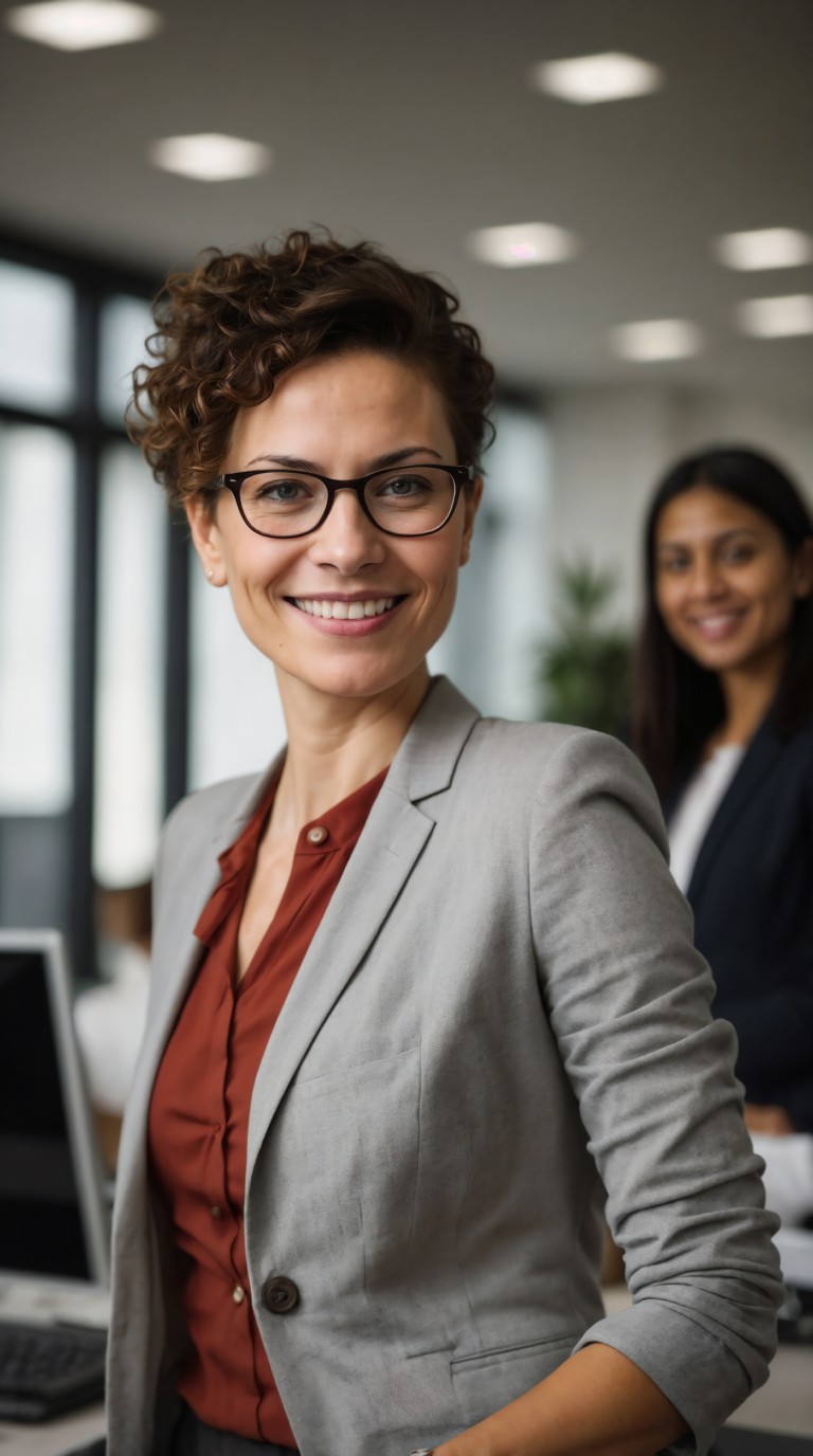 Two smiling businesswomen, one with glasses and one with curly hair in blazer, standing side by side in office.