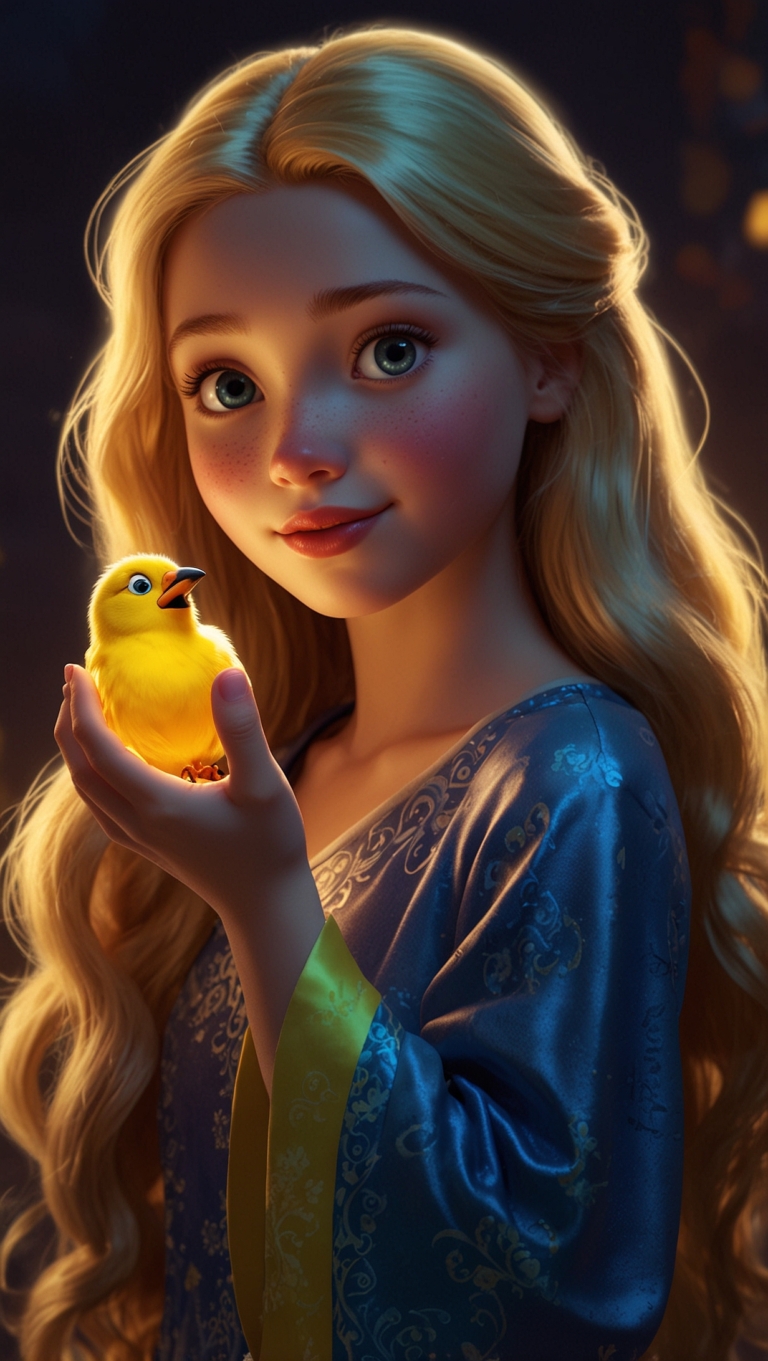 Rapunzel cosplaying as a baby bird, holding a chick in animated Pixar style with expressive eyes and vibrant costume.