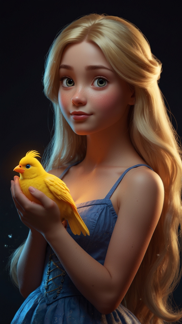 Photorealistic portrait of Rapunzel in a blue dress holding a yellow canary bird with soft lighting against a black background.