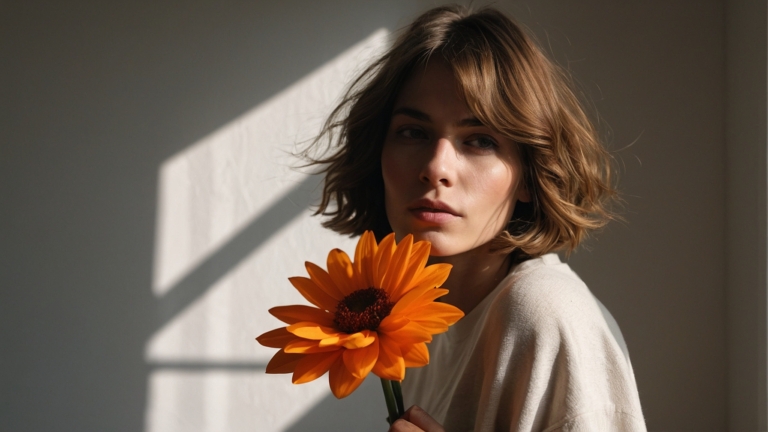 Woman with short brown hair holding an orange gerbera flower in sunlight against a white wall.