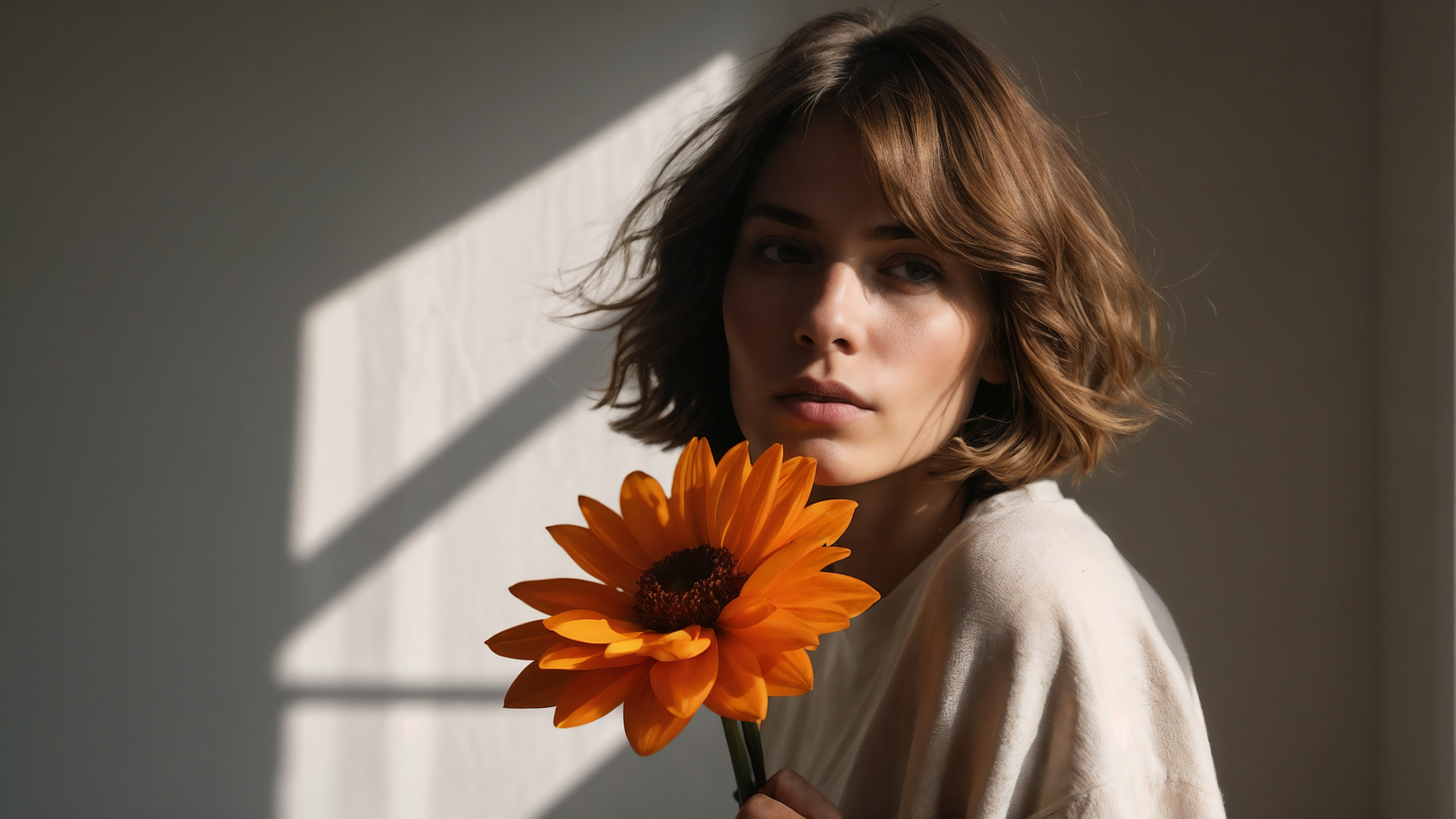 Woman with short brown hair holding an orange gerbera flower in sunlight against a white wall.