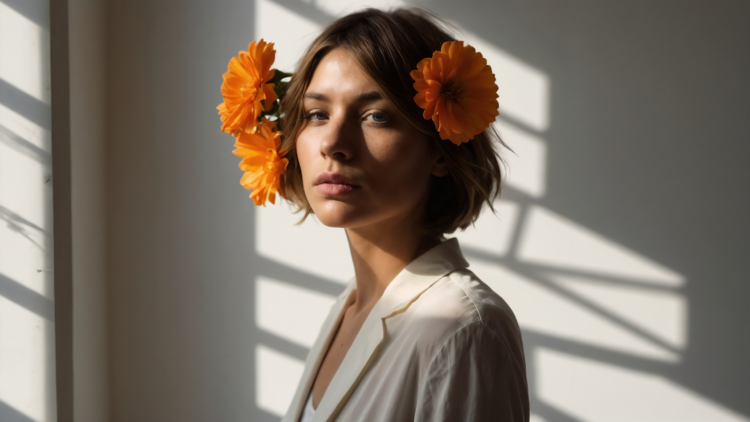 Woman with orange flowers in her hair, white shirt and jacket, standing by window with dramatic sunlight shadows.