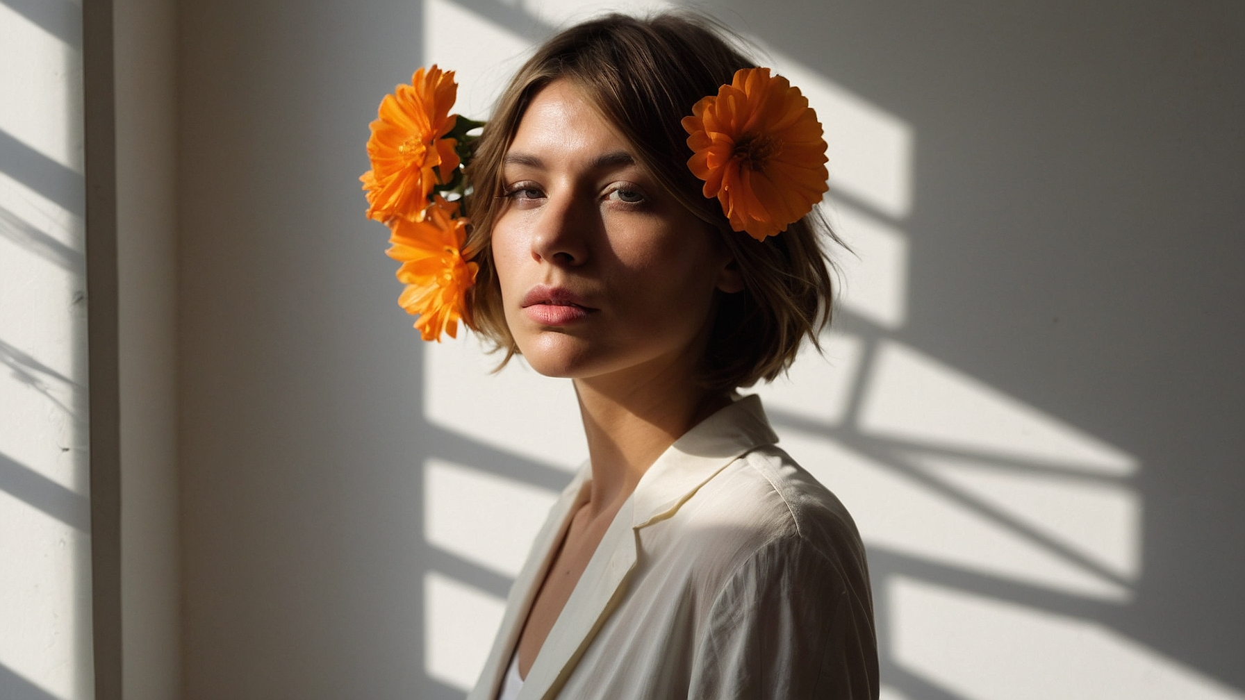 Woman with orange flowers in her hair, white shirt and jacket, standing by window with dramatic sunlight shadows.
