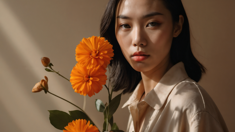 Asian woman holding orange flowers, oversized shirt, beige background, calm confident expression with soft lighting.