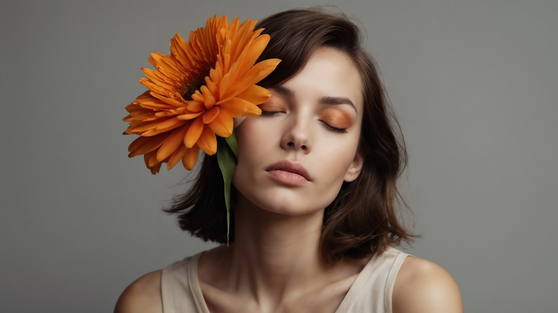 Woman with short brown hair, orange eyeshadow, holding gerbera flower over face, posing against gray background.