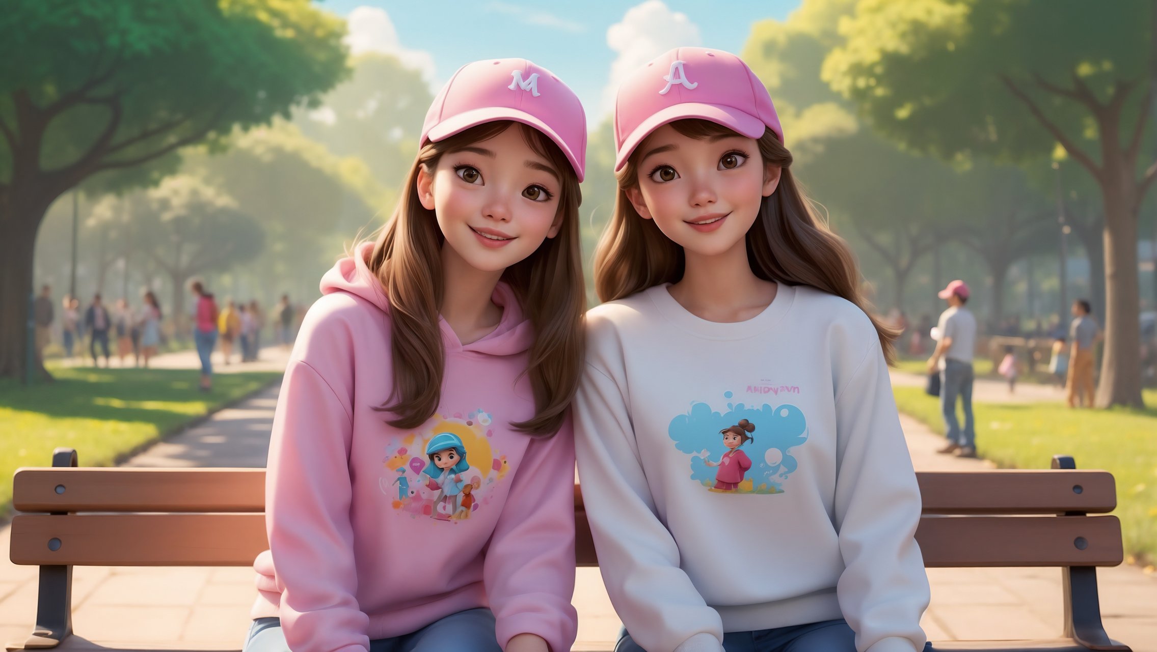3D illustration of two Korean women in pink caps and white sweatshirts sitting on park bench with trees and people in background.