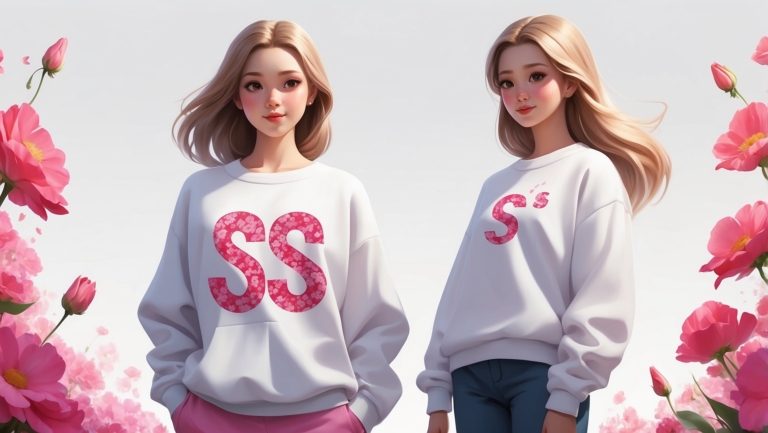 3D cartoon blonde girls in white sweatshirts with pink S letters and blue jeans standing with flowers on white background.