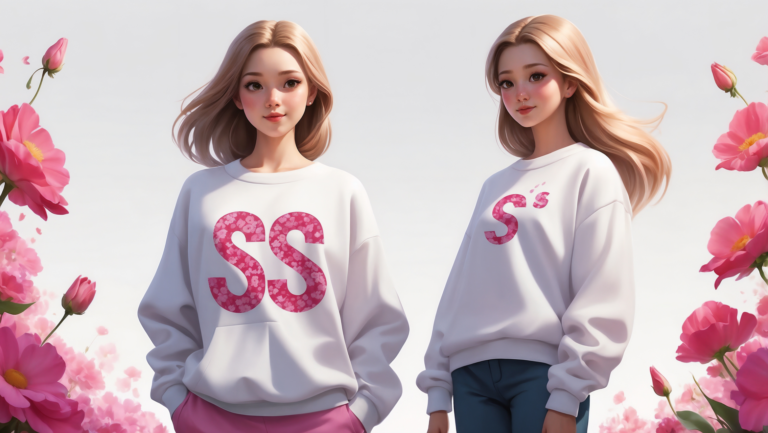 3D cartoon blonde girls in white sweatshirts with pink S letters and blue jeans standing with flowers on white background.