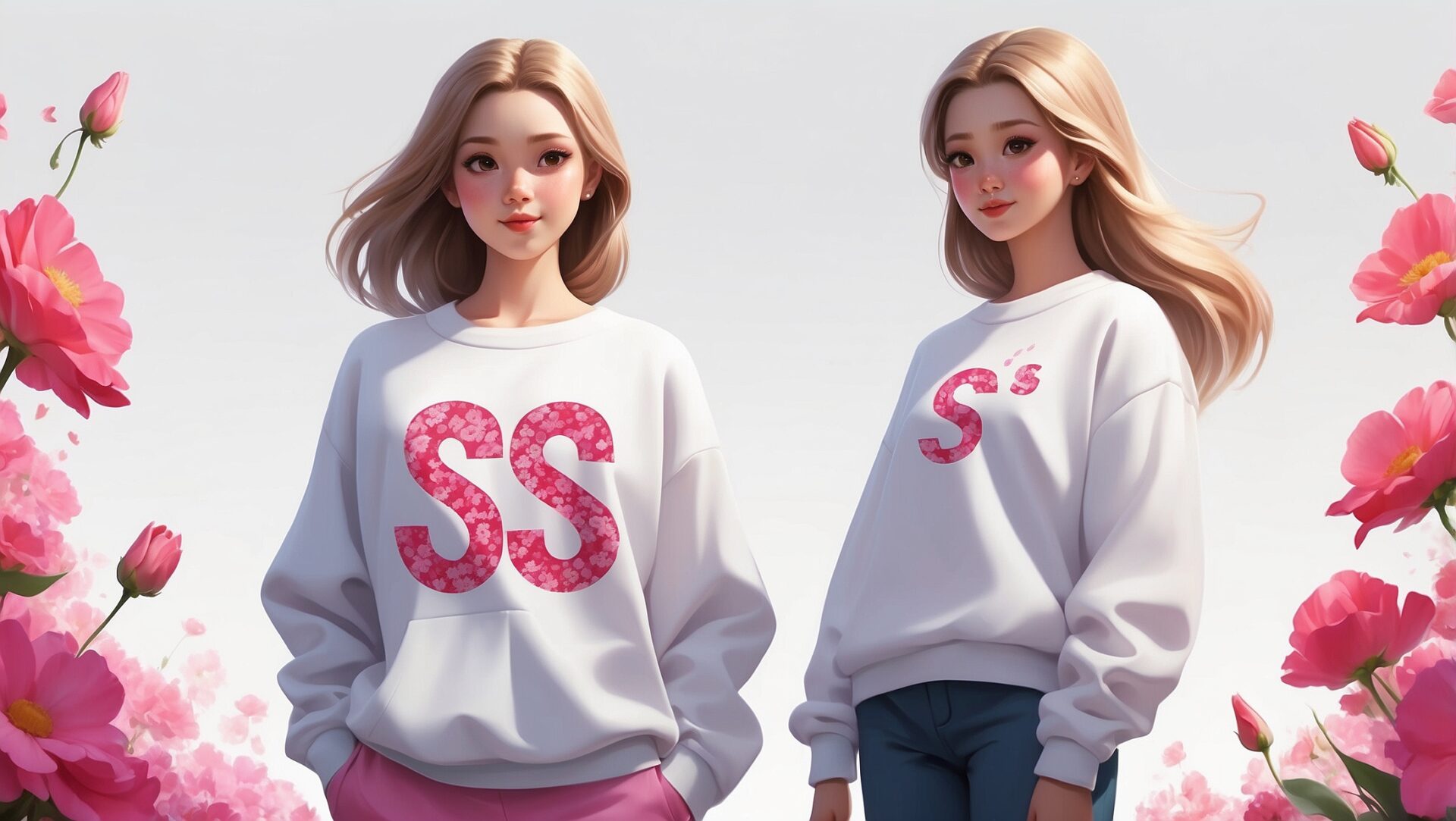3D cartoon blonde girls in white sweatshirts with pink S letters and blue jeans standing with flowers on white background.