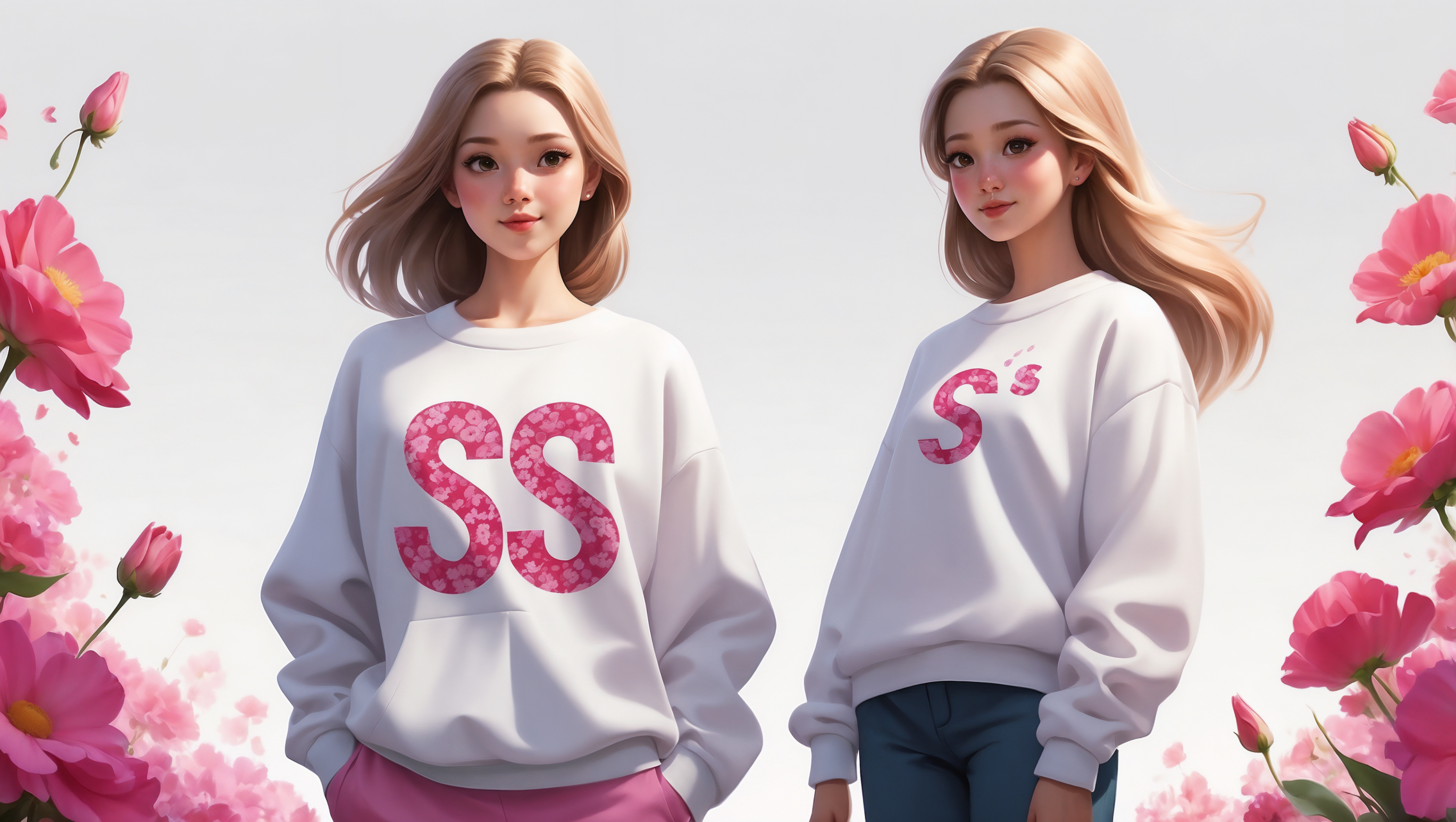 3D cartoon blonde girls in white sweatshirts with pink S letters and blue jeans standing with flowers on white background.