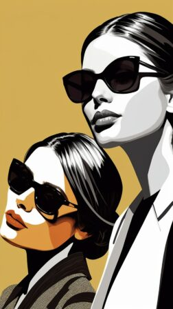 Vector design of two women in suits and sunglasses, bold black lines on white with gold backdrop, stylish fashion illustration.