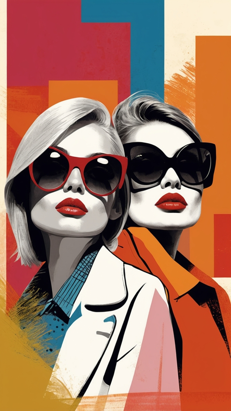 Retro fashion poster illustration of two women in sunglasses, bold graphic lines, colorful costumes, red lips, and flat pop art design.