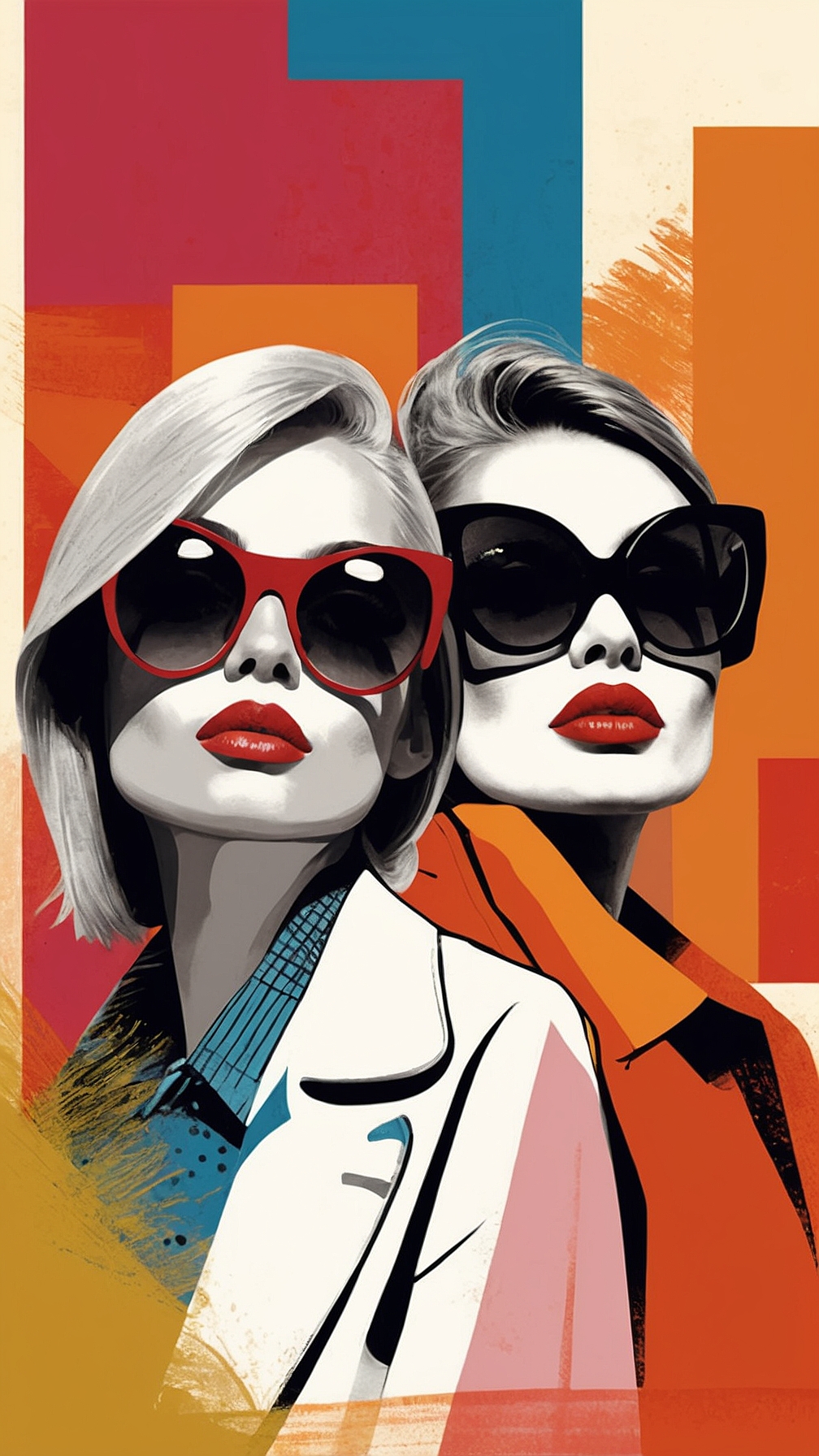 Retro fashion poster illustration of two women in sunglasses, bold graphic lines, colorful costumes, red lips, and flat pop art design.