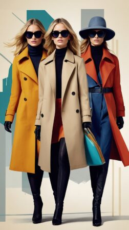 Three women in autumn and winter fashion coats with sunglasses, high heels, and handbags posing against a geometric background.