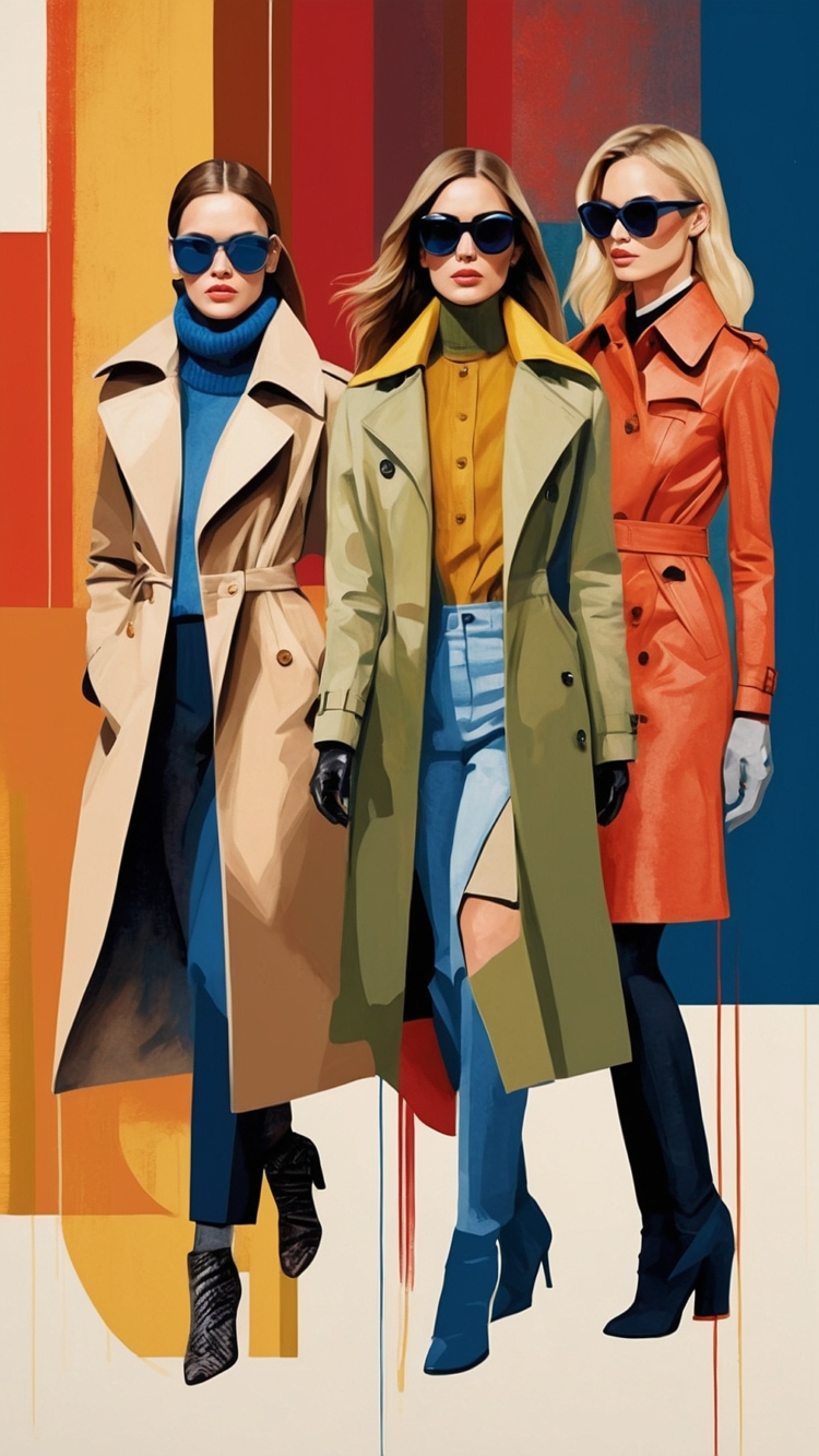 Vector illustration of three women in trench coats, blue turtlenecks, jeans, and sunglasses against a colorful geometric background.